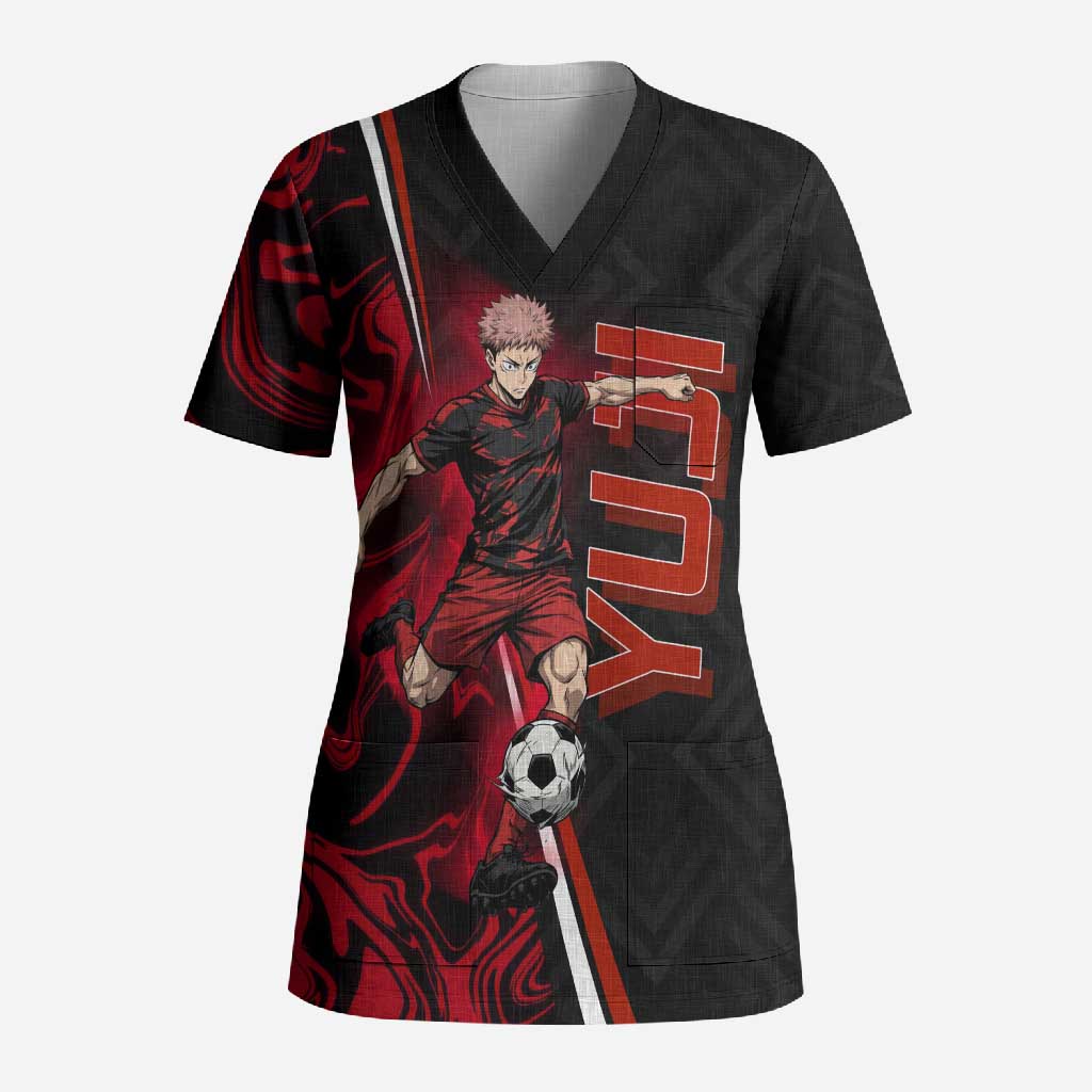 Personalized Yuji Itadori Jujutsu Kaisen Soccer Theme Scrub Top with Dynamic Kick Pose and Red Black Flame Graphic Design - The Mazicc