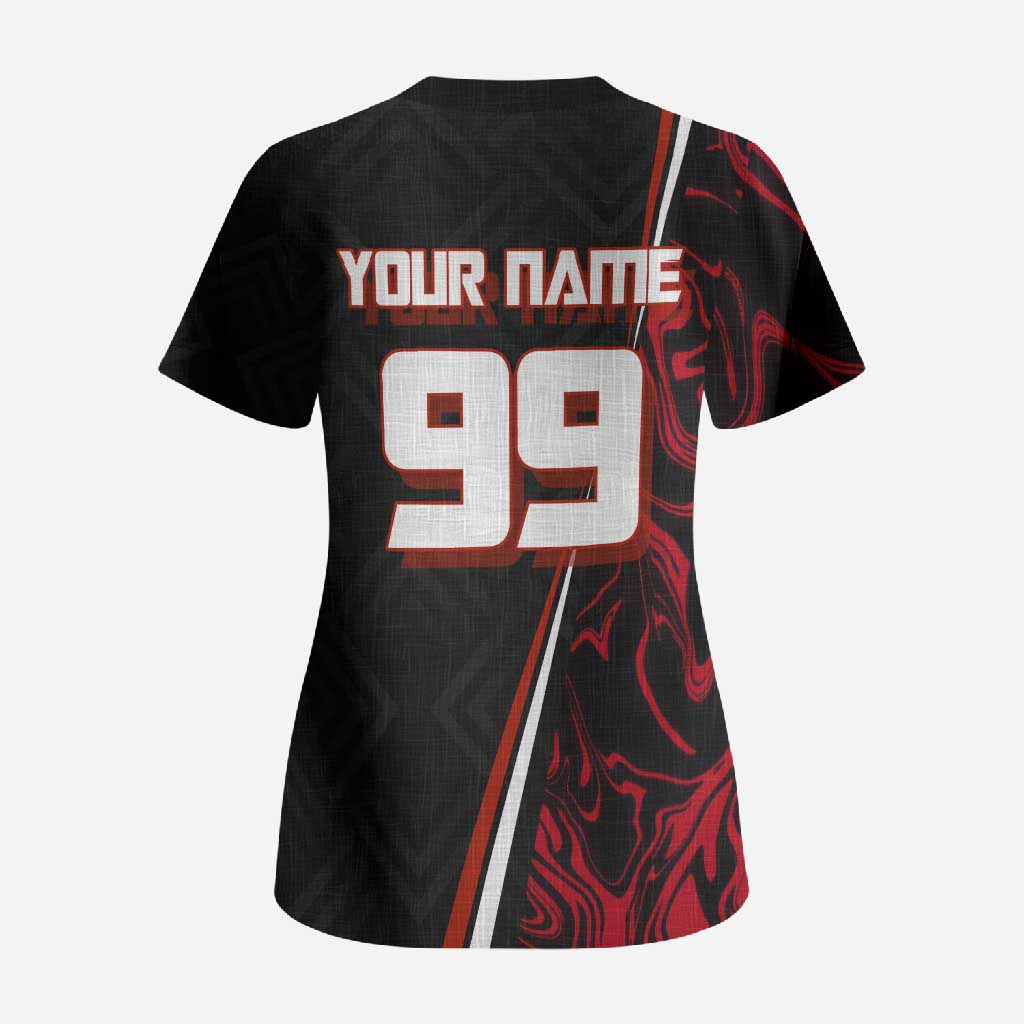 Personalized Yuji Itadori Jujutsu Kaisen Soccer Theme Scrub Top with Dynamic Kick Pose and Red Black Flame Graphic Design - The Mazicc