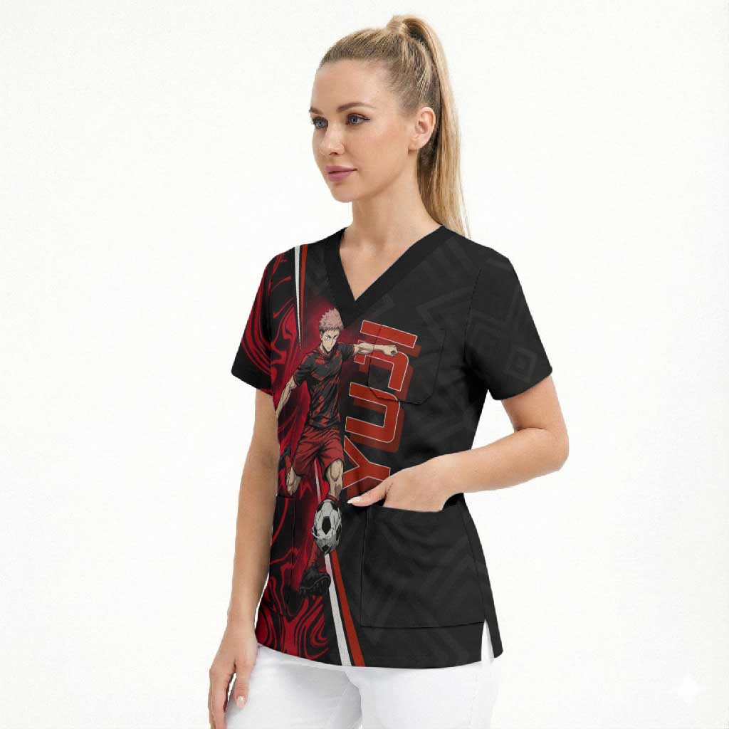 Personalized Yuji Itadori Jujutsu Kaisen Soccer Theme Scrub Top with Dynamic Kick Pose and Red Black Flame Graphic Design - The Mazicc