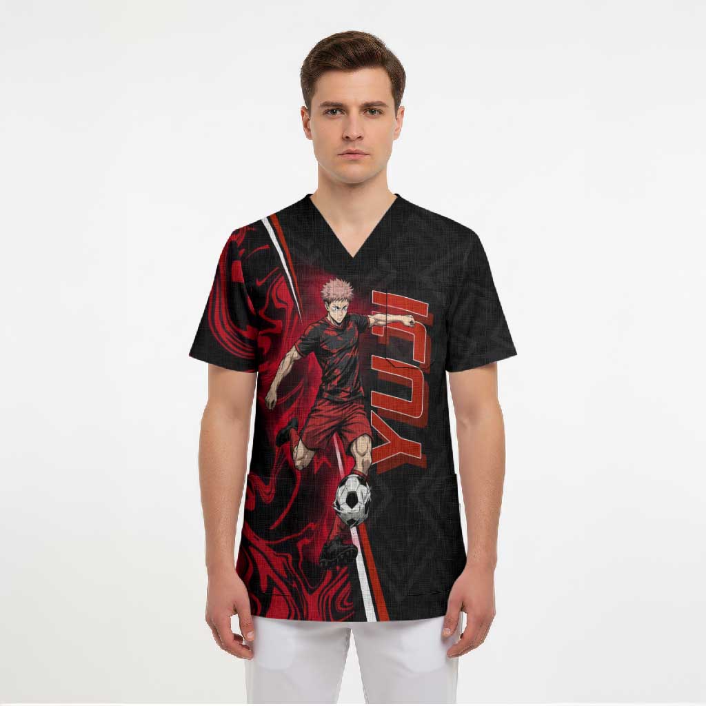 Personalized Yuji Itadori Jujutsu Kaisen Soccer Theme Scrub Top with Dynamic Kick Pose and Red Black Flame Graphic Design - The Mazicc