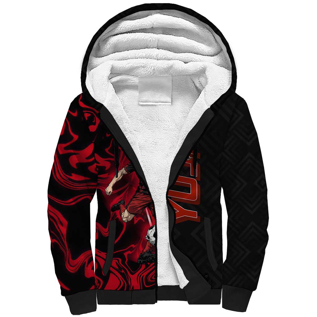 Personalized Yuji Itadori Jujutsu Kaisen Soccer Theme Sherpa Hoodie with Dynamic Kick Pose and Red Black Flame Graphic Design - The Mazicc
