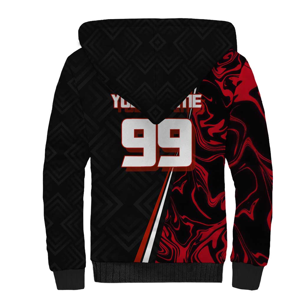 Personalized Yuji Itadori Jujutsu Kaisen Soccer Theme Sherpa Hoodie with Dynamic Kick Pose and Red Black Flame Graphic Design - The Mazicc