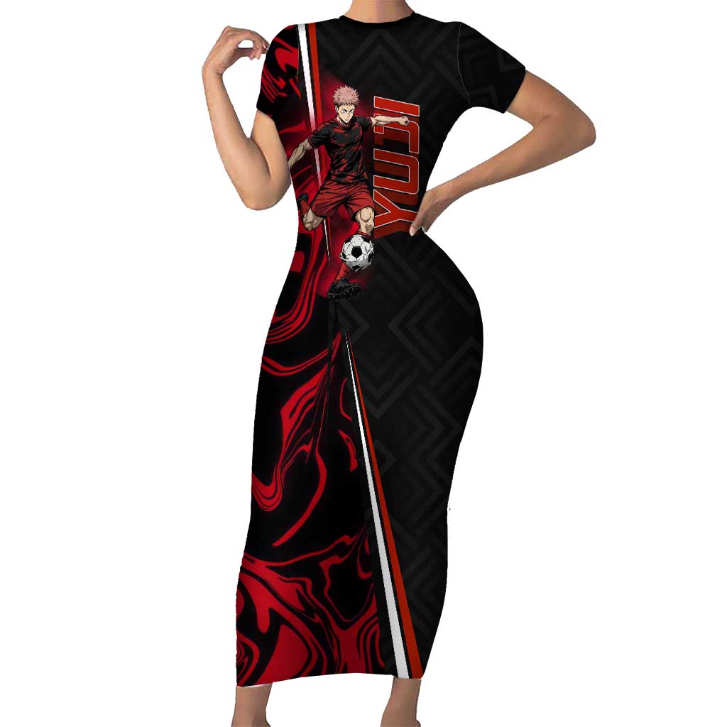 Personalized Yuji Itadori Jujutsu Kaisen Soccer Theme Short Sleeve Bodycon Dress with Dynamic Kick Pose and Red Black Flame Graphic Design - The Mazicc