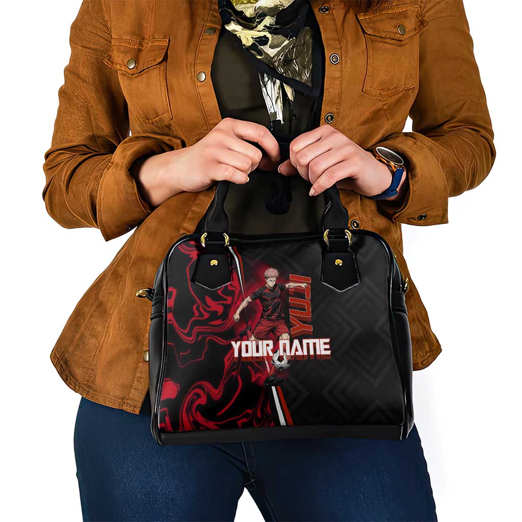 Personalized Yuji Itadori Jujutsu Kaisen Soccer Theme Shoulder Handbag with Dynamic Kick Pose and Red Black Flame Graphic Design - The Mazicc