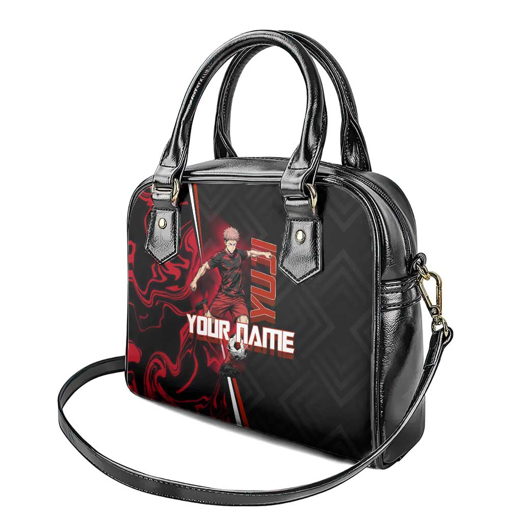 Personalized Yuji Itadori Jujutsu Kaisen Soccer Theme Shoulder Handbag with Dynamic Kick Pose and Red Black Flame Graphic Design - The Mazicc