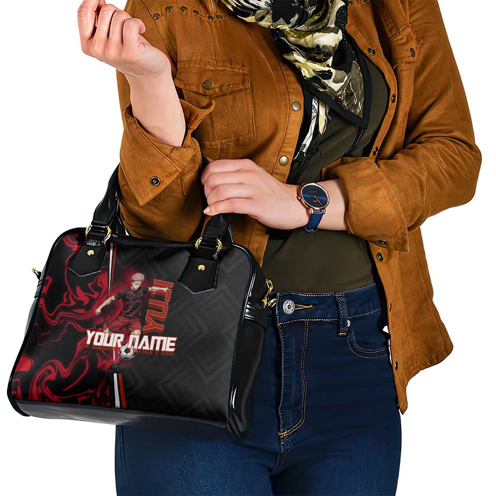 Personalized Yuji Itadori Jujutsu Kaisen Soccer Theme Shoulder Handbag with Dynamic Kick Pose and Red Black Flame Graphic Design - The Mazicc