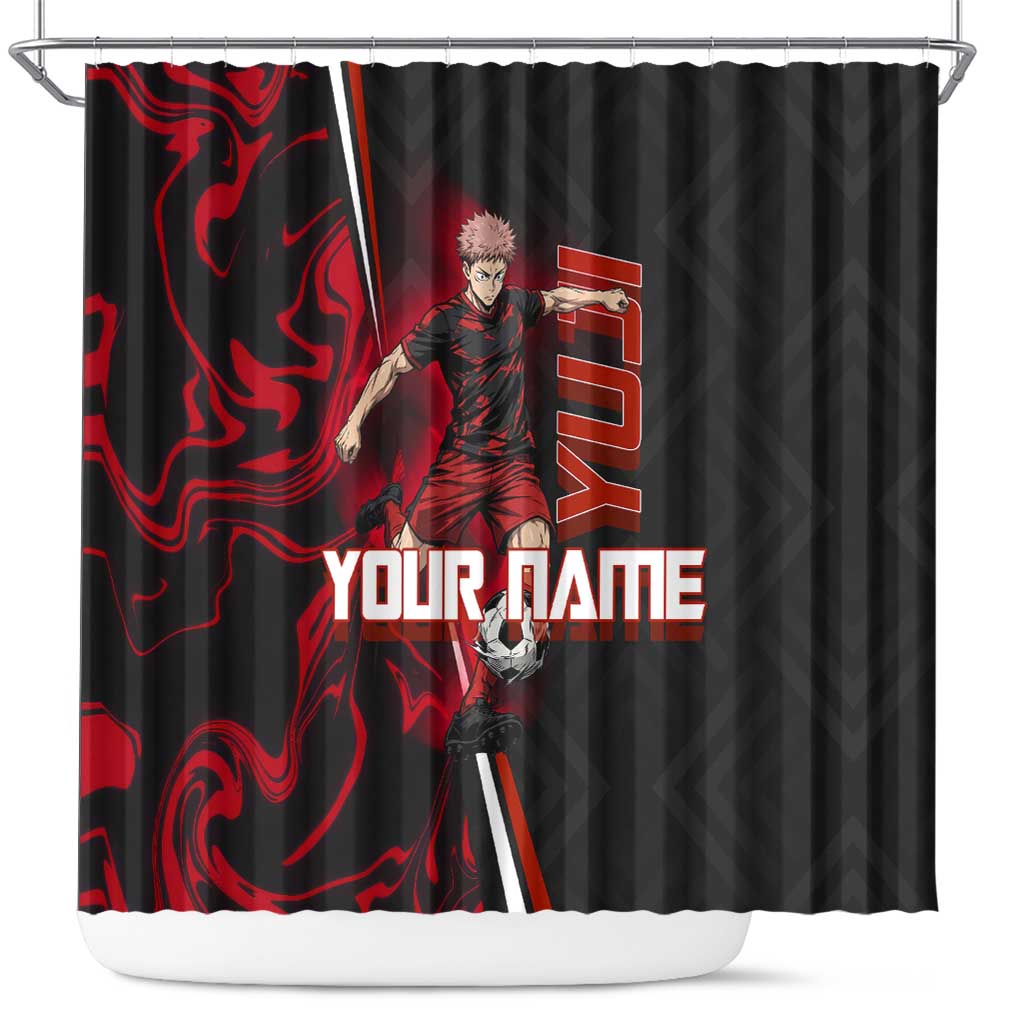 Personalized Yuji Itadori Jujutsu Kaisen Soccer Theme Shower Curtain with Dynamic Kick Pose and Red Black Flame Graphic Design - The Mazicc