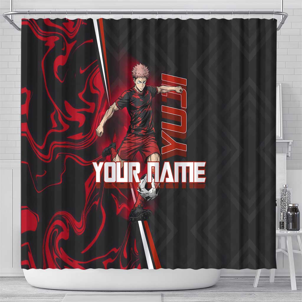 Personalized Yuji Itadori Jujutsu Kaisen Soccer Theme Shower Curtain with Dynamic Kick Pose and Red Black Flame Graphic Design - The Mazicc
