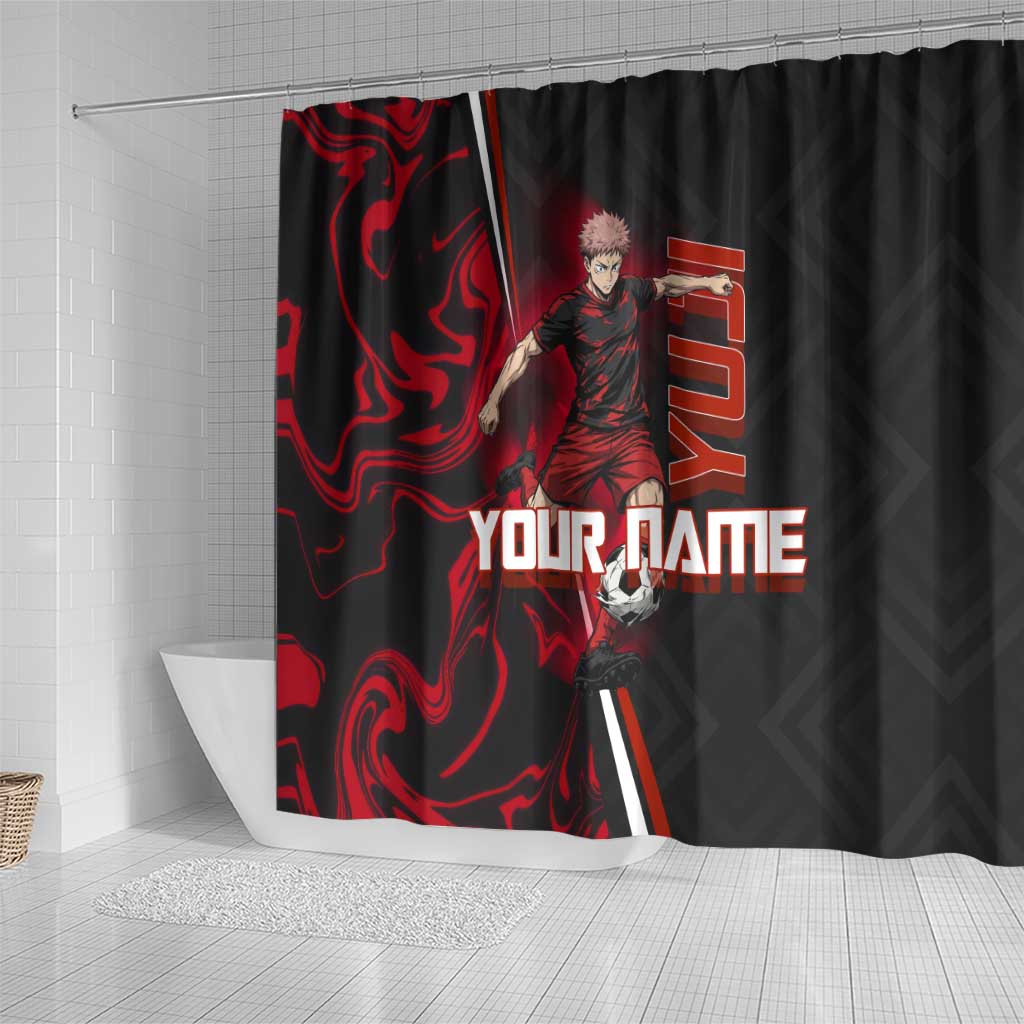 Personalized Yuji Itadori Jujutsu Kaisen Soccer Theme Shower Curtain with Dynamic Kick Pose and Red Black Flame Graphic Design - The Mazicc