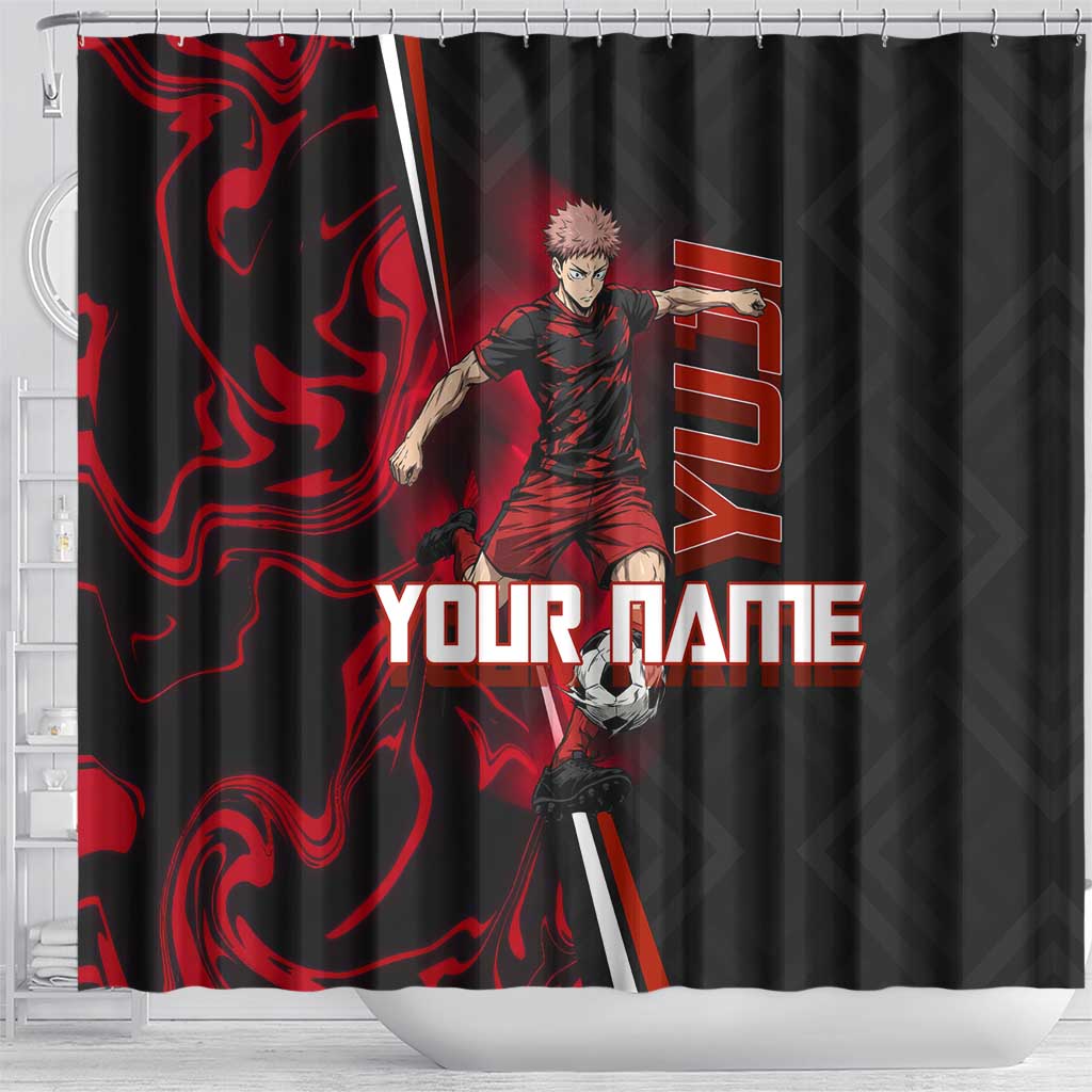 Personalized Yuji Itadori Jujutsu Kaisen Soccer Theme Shower Curtain with Dynamic Kick Pose and Red Black Flame Graphic Design - The Mazicc