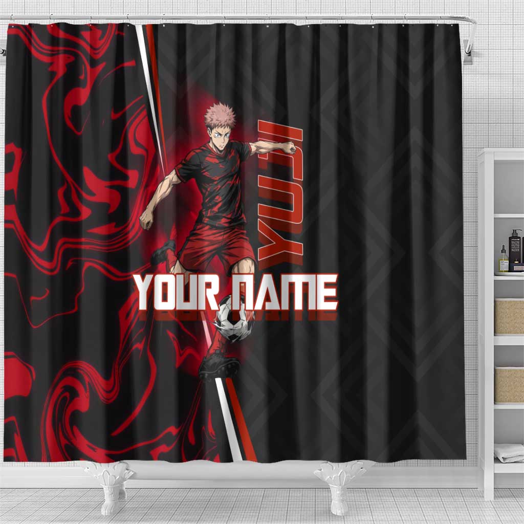 Personalized Yuji Itadori Jujutsu Kaisen Soccer Theme Shower Curtain with Dynamic Kick Pose and Red Black Flame Graphic Design - The Mazicc