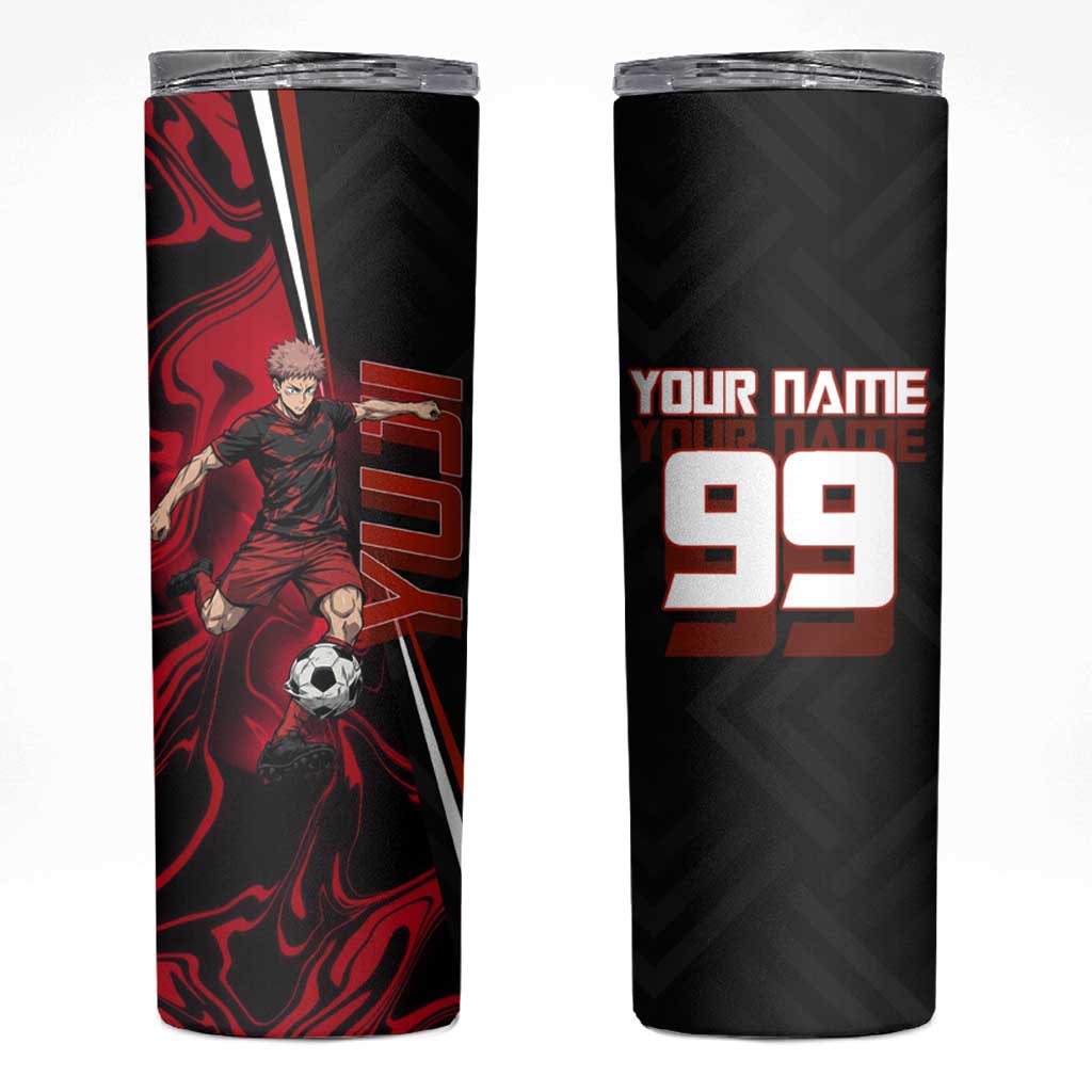 Personalized Yuji Itadori Jujutsu Kaisen Soccer Theme Skinny Tumbler with Dynamic Kick Pose and Red Black Flame Graphic Design - The Mazicc