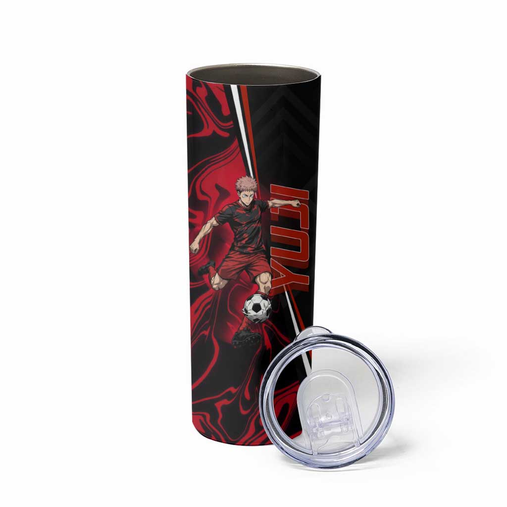 Personalized Yuji Itadori Jujutsu Kaisen Soccer Theme Skinny Tumbler with Dynamic Kick Pose and Red Black Flame Graphic Design - The Mazicc