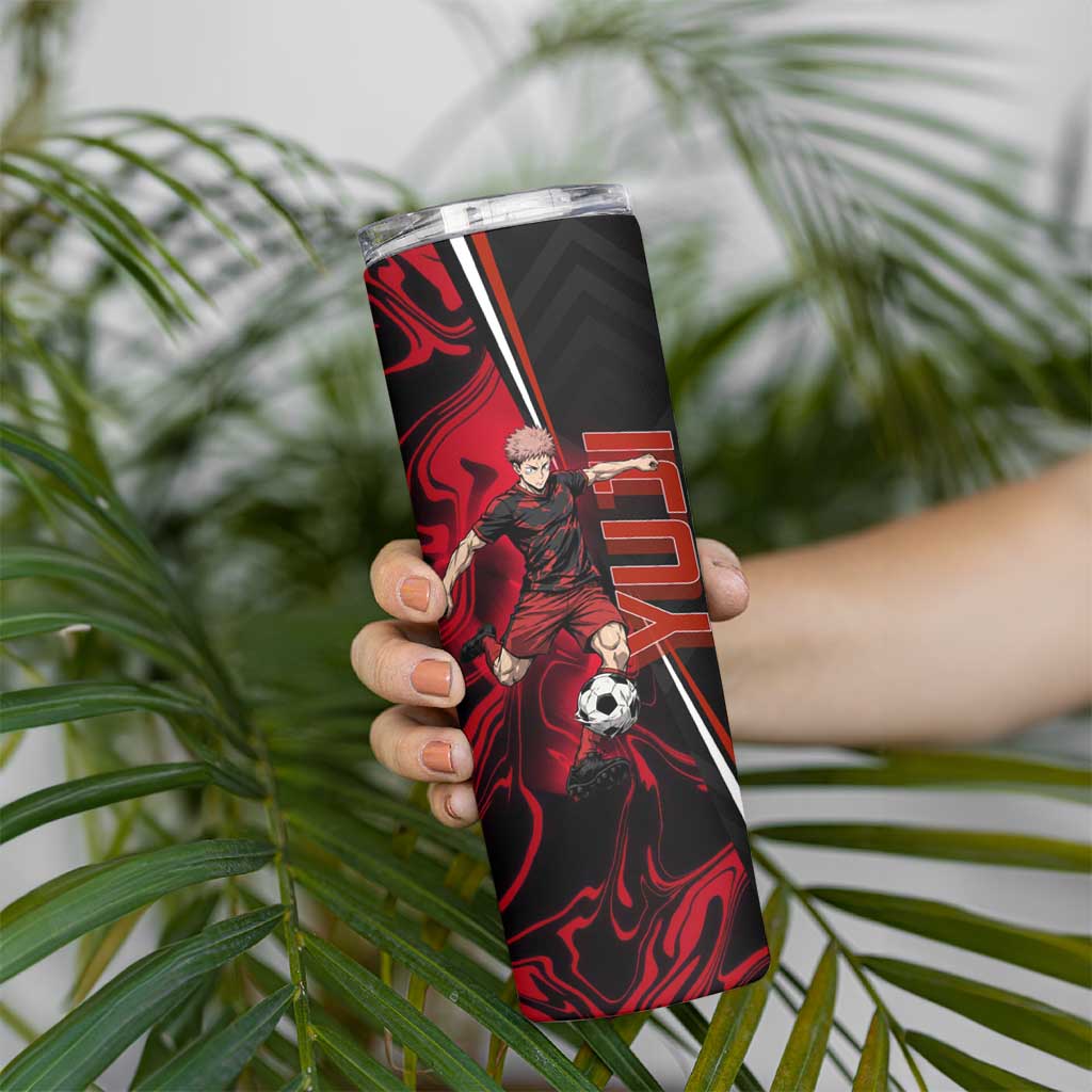 Personalized Yuji Itadori Jujutsu Kaisen Soccer Theme Skinny Tumbler with Dynamic Kick Pose and Red Black Flame Graphic Design - The Mazicc