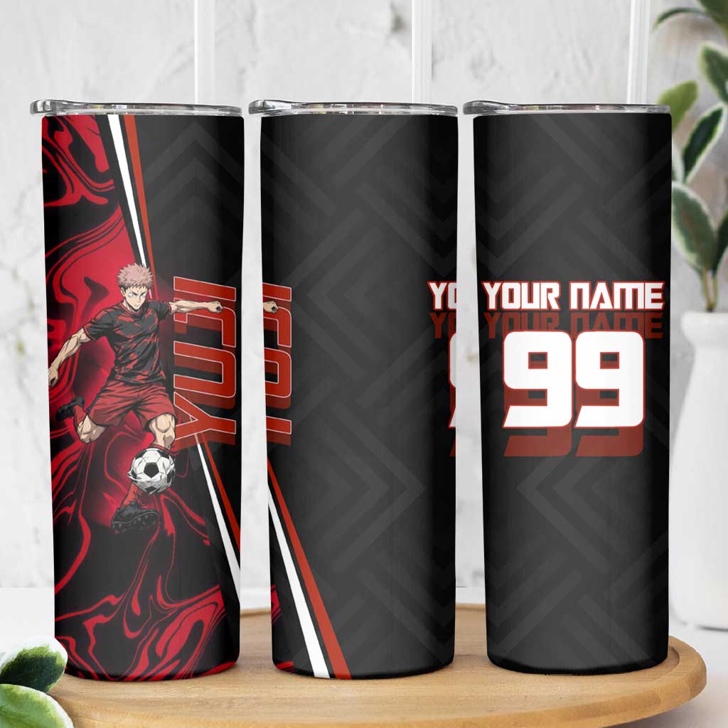 Personalized Yuji Itadori Jujutsu Kaisen Soccer Theme Skinny Tumbler with Dynamic Kick Pose and Red Black Flame Graphic Design - The Mazicc