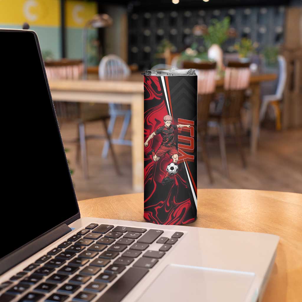 Personalized Yuji Itadori Jujutsu Kaisen Soccer Theme Skinny Tumbler with Dynamic Kick Pose and Red Black Flame Graphic Design - The Mazicc