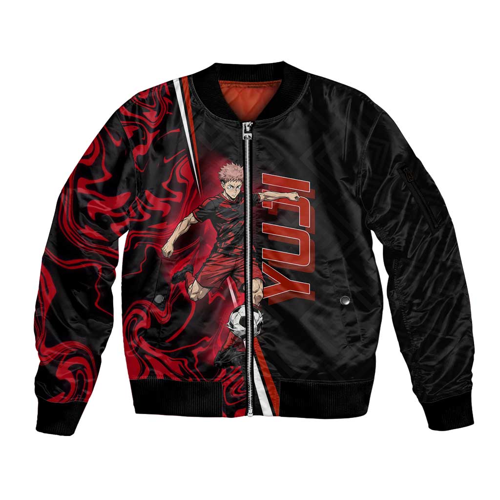 Personalized Yuji Itadori Jujutsu Kaisen Soccer Theme Sleeve Zip Bomber Jacket with Dynamic Kick Pose and Red Black Flame Graphic Design - The Mazicc