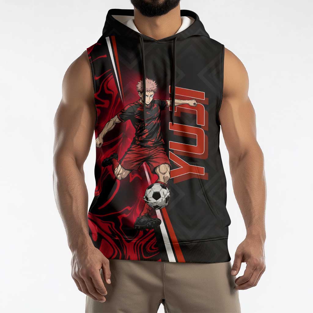 Personalized Yuji Itadori Jujutsu Kaisen Soccer Theme Sleeveless Hoodie with Dynamic Kick Pose and Red Black Flame Graphic Design - The Mazicc