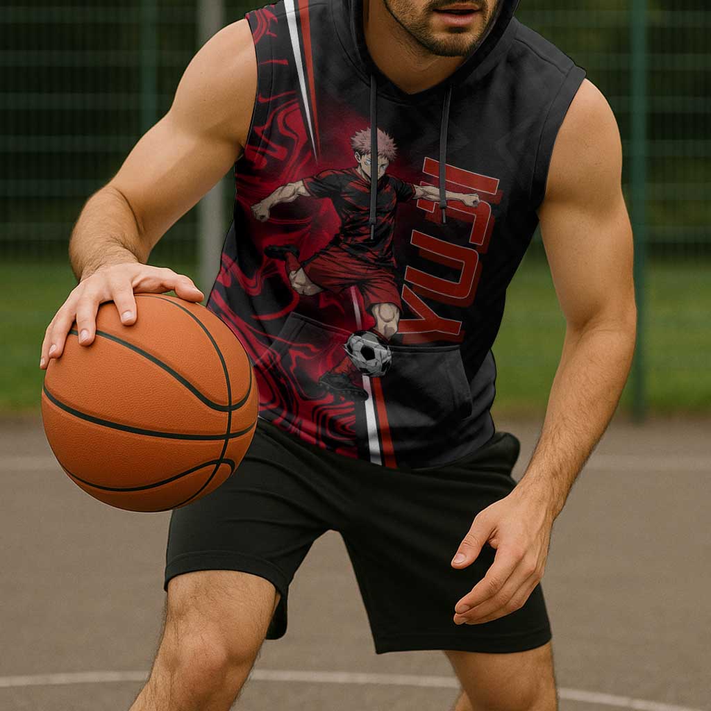 Personalized Yuji Itadori Jujutsu Kaisen Soccer Theme Sleeveless Hoodie with Dynamic Kick Pose and Red Black Flame Graphic Design - The Mazicc