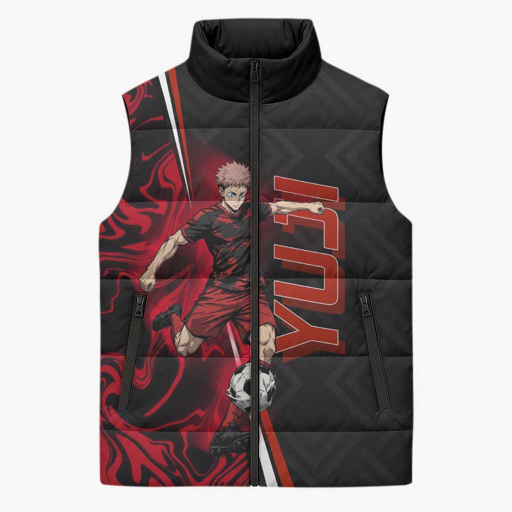 Personalized Yuji Itadori Jujutsu Kaisen Soccer Theme Sleeveless Puffer Jacket with Dynamic Kick Pose and Red Black Flame Graphic Design - The Mazicc