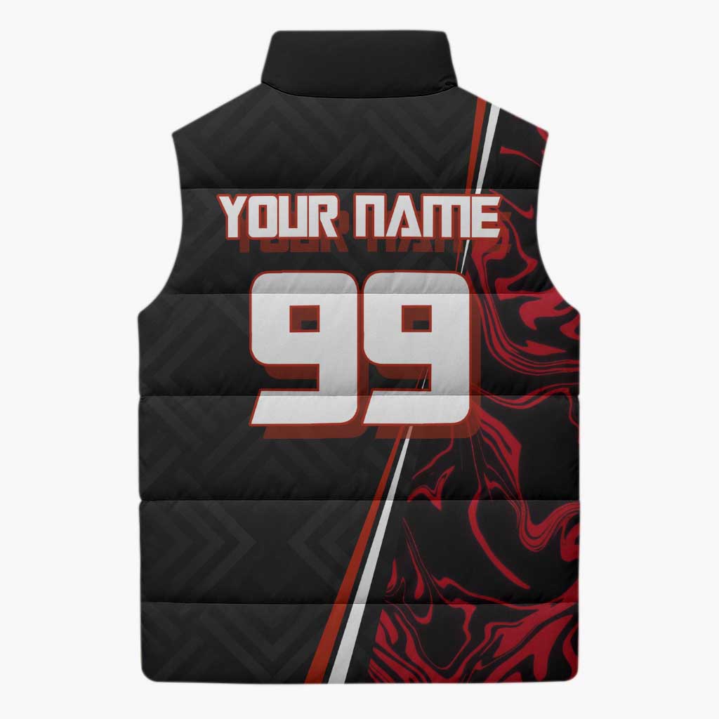 Personalized Yuji Itadori Jujutsu Kaisen Soccer Theme Sleeveless Puffer Jacket with Dynamic Kick Pose and Red Black Flame Graphic Design - The Mazicc