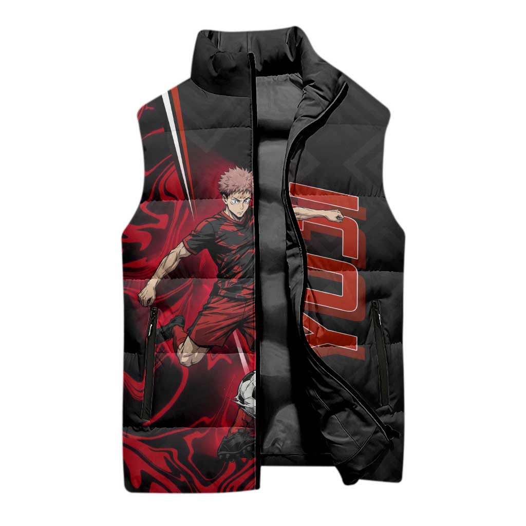 Personalized Yuji Itadori Jujutsu Kaisen Soccer Theme Sleeveless Puffer Jacket with Dynamic Kick Pose and Red Black Flame Graphic Design - The Mazicc