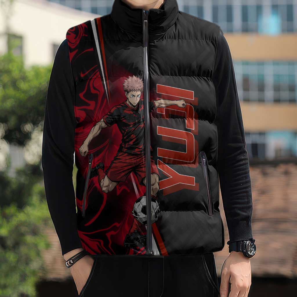 Personalized Yuji Itadori Jujutsu Kaisen Soccer Theme Sleeveless Puffer Jacket with Dynamic Kick Pose and Red Black Flame Graphic Design - The Mazicc