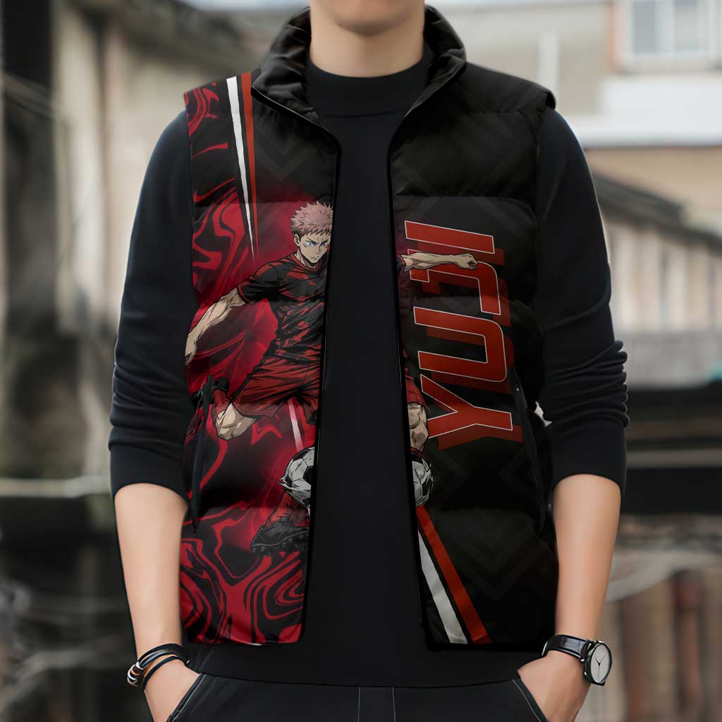 Personalized Yuji Itadori Jujutsu Kaisen Soccer Theme Sleeveless Puffer Jacket with Dynamic Kick Pose and Red Black Flame Graphic Design - The Mazicc