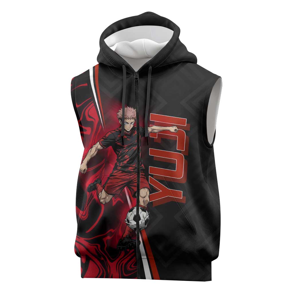 Personalized Yuji Itadori Jujutsu Kaisen Soccer Theme Sleeveless Zip Hoodie with Dynamic Kick Pose and Red Black Flame Graphic Design - The Mazicc