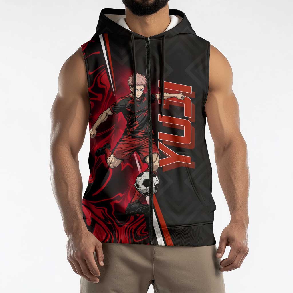 Personalized Yuji Itadori Jujutsu Kaisen Soccer Theme Sleeveless Zip Hoodie with Dynamic Kick Pose and Red Black Flame Graphic Design - The Mazicc
