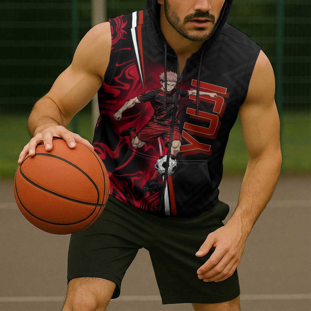Personalized Yuji Itadori Jujutsu Kaisen Soccer Theme Sleeveless Zip Hoodie with Dynamic Kick Pose and Red Black Flame Graphic Design - The Mazicc