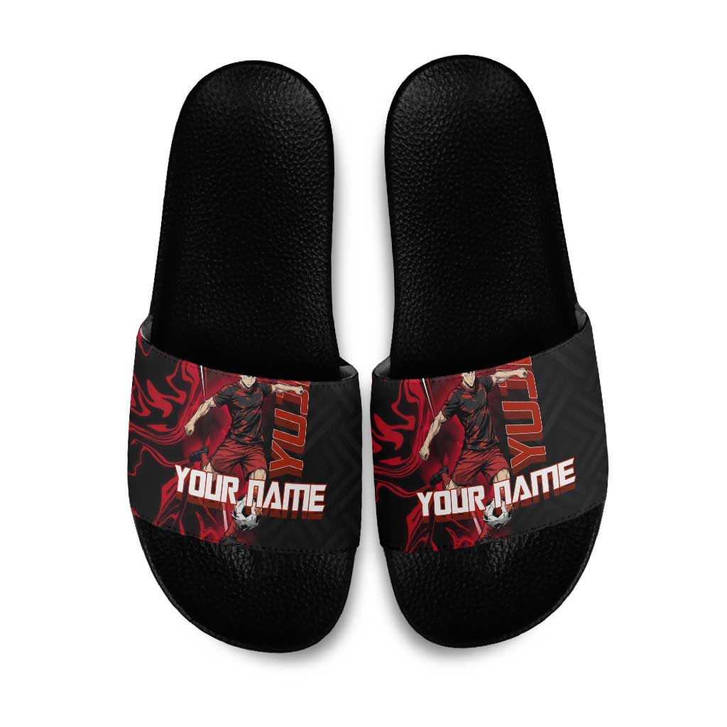 Personalized Yuji Itadori Jujutsu Kaisen Soccer Theme Slide Sandals with Dynamic Kick Pose and Red Black Flame Graphic Design - The Mazicc