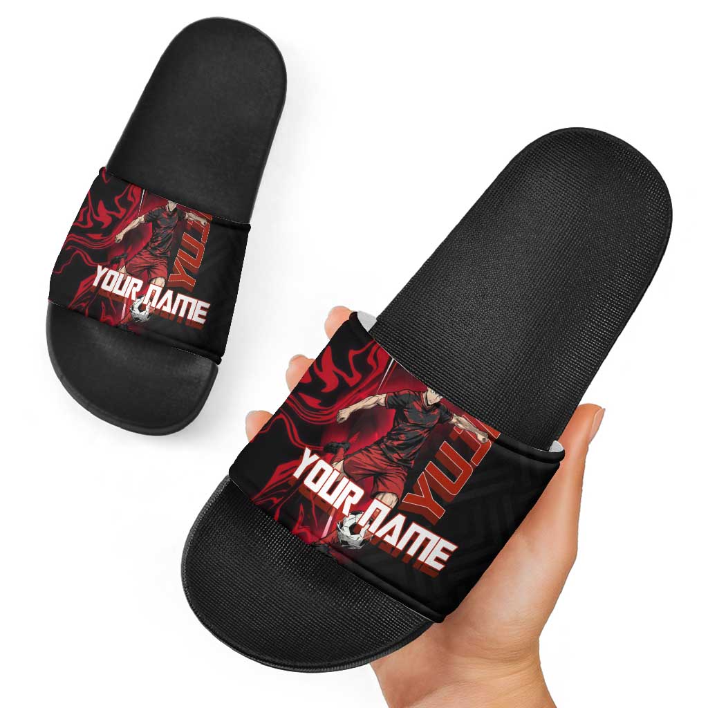 Personalized Yuji Itadori Jujutsu Kaisen Soccer Theme Slide Sandals with Dynamic Kick Pose and Red Black Flame Graphic Design - The Mazicc