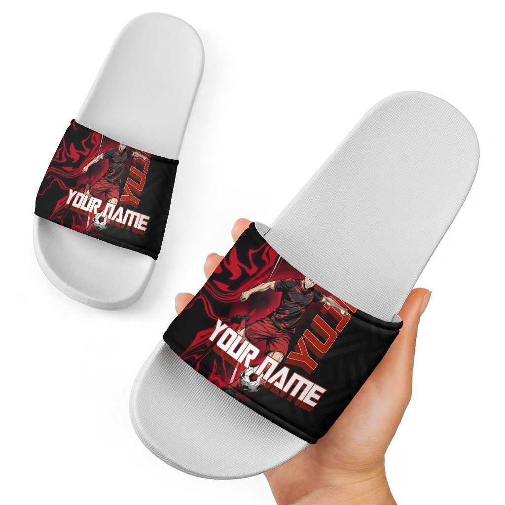 Personalized Yuji Itadori Jujutsu Kaisen Soccer Theme Slide Sandals with Dynamic Kick Pose and Red Black Flame Graphic Design - The Mazicc