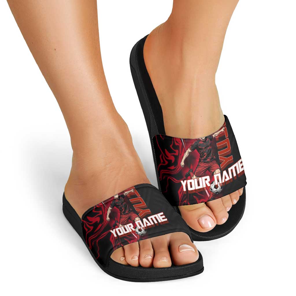 Personalized Yuji Itadori Jujutsu Kaisen Soccer Theme Slide Sandals with Dynamic Kick Pose and Red Black Flame Graphic Design - The Mazicc