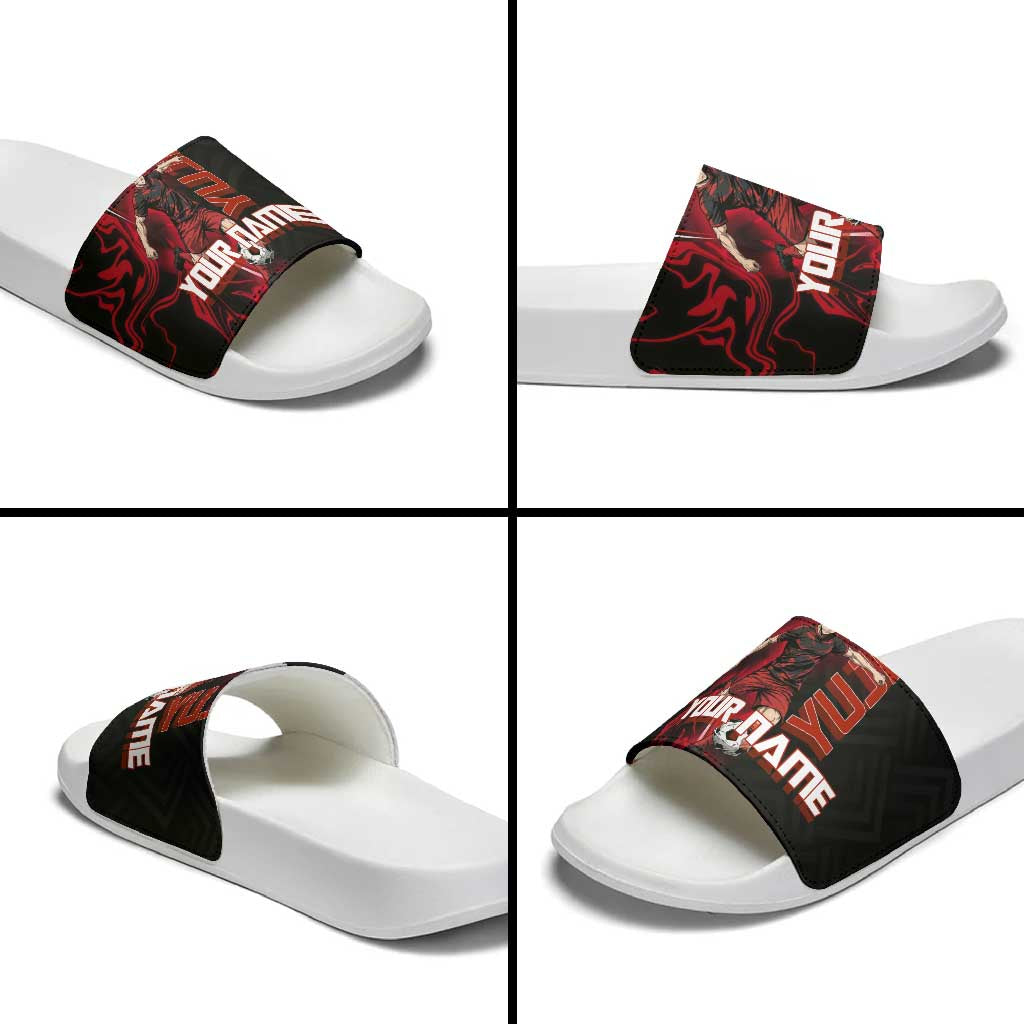 Personalized Yuji Itadori Jujutsu Kaisen Soccer Theme Slide Sandals with Dynamic Kick Pose and Red Black Flame Graphic Design - The Mazicc