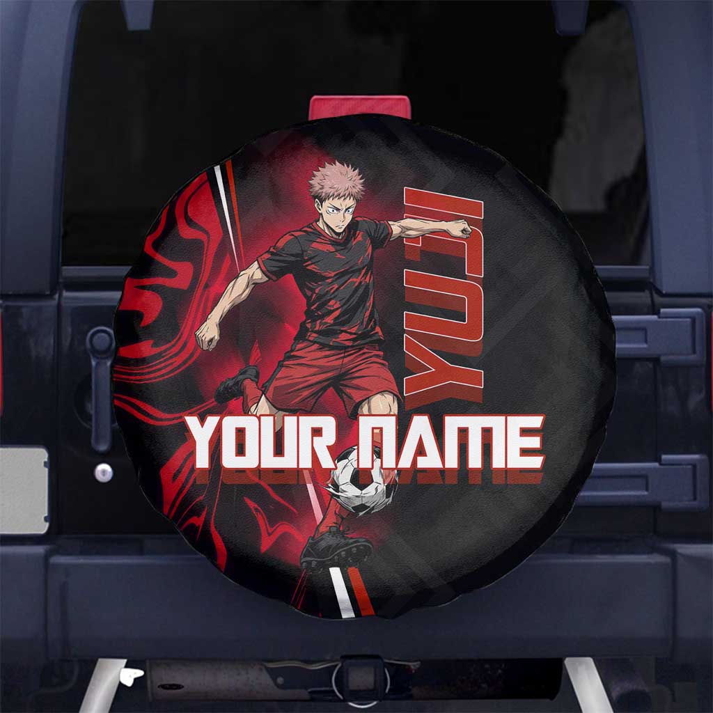 Personalized Yuji Itadori Jujutsu Kaisen Soccer Theme Spare Tire Cover with Dynamic Kick Pose and Red Black Flame Graphic Design - The Mazicc
