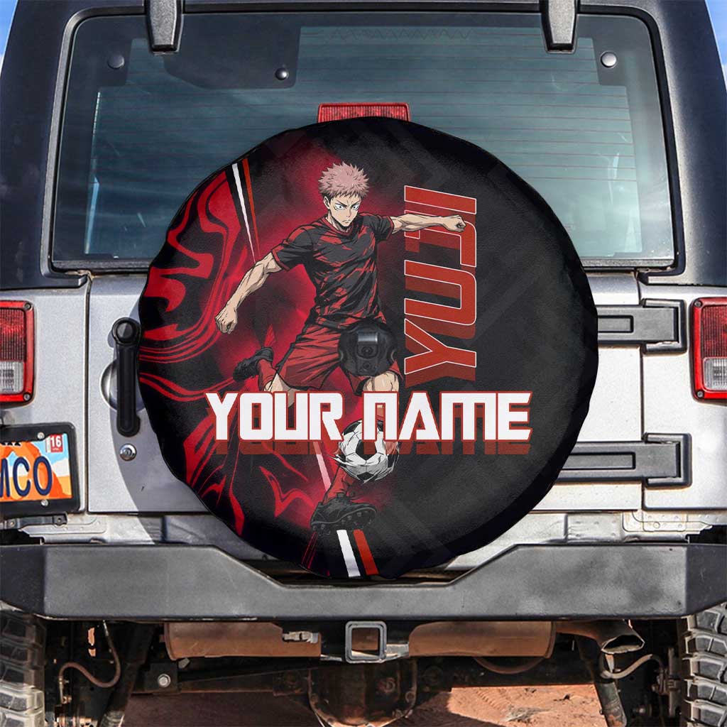 Personalized Yuji Itadori Jujutsu Kaisen Soccer Theme Spare Tire Cover with Dynamic Kick Pose and Red Black Flame Graphic Design - The Mazicc