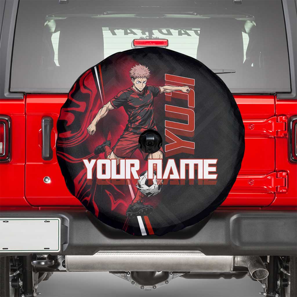 Personalized Yuji Itadori Jujutsu Kaisen Soccer Theme Spare Tire Cover with Dynamic Kick Pose and Red Black Flame Graphic Design - The Mazicc