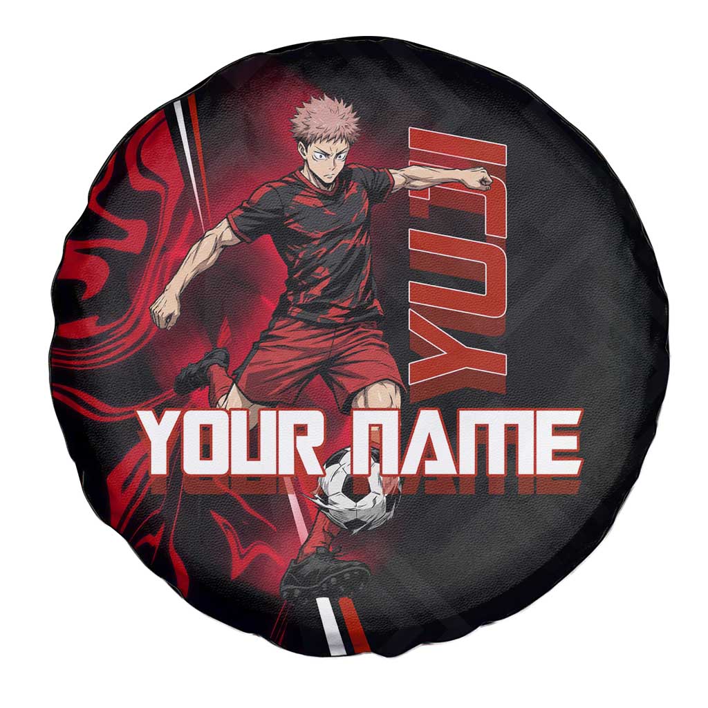 Personalized Yuji Itadori Jujutsu Kaisen Soccer Theme Spare Tire Cover with Dynamic Kick Pose and Red Black Flame Graphic Design - The Mazicc