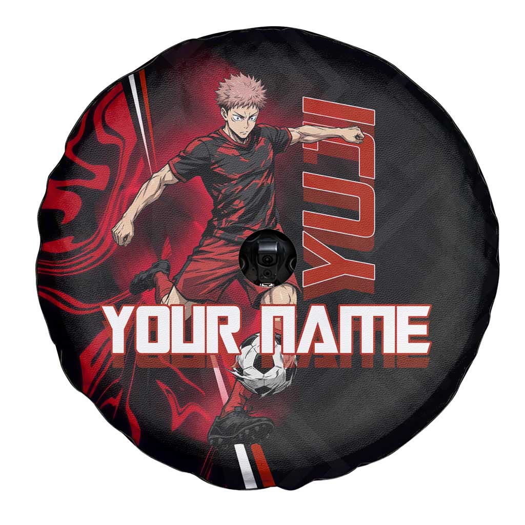 Personalized Yuji Itadori Jujutsu Kaisen Soccer Theme Spare Tire Cover with Dynamic Kick Pose and Red Black Flame Graphic Design - The Mazicc