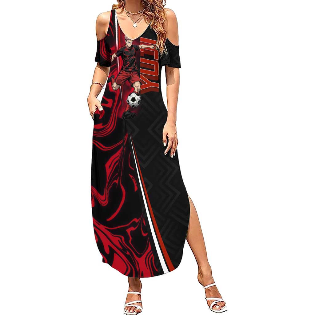 Personalized Yuji Itadori Jujutsu Kaisen Soccer Theme Summer Maxi Dress with Dynamic Kick Pose and Red Black Flame Graphic Design - The Mazicc