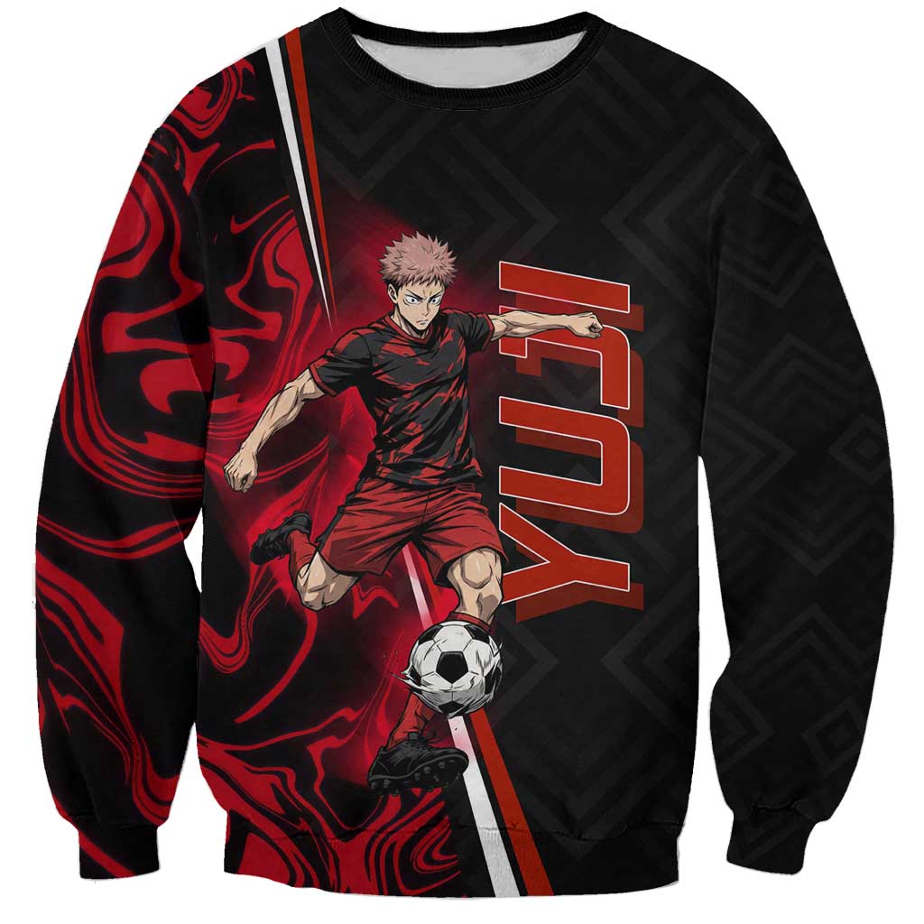 Personalized Yuji Itadori Jujutsu Kaisen Soccer Theme Sweatshirt with Dynamic Kick Pose and Red Black Flame Graphic Design - The Mazicc