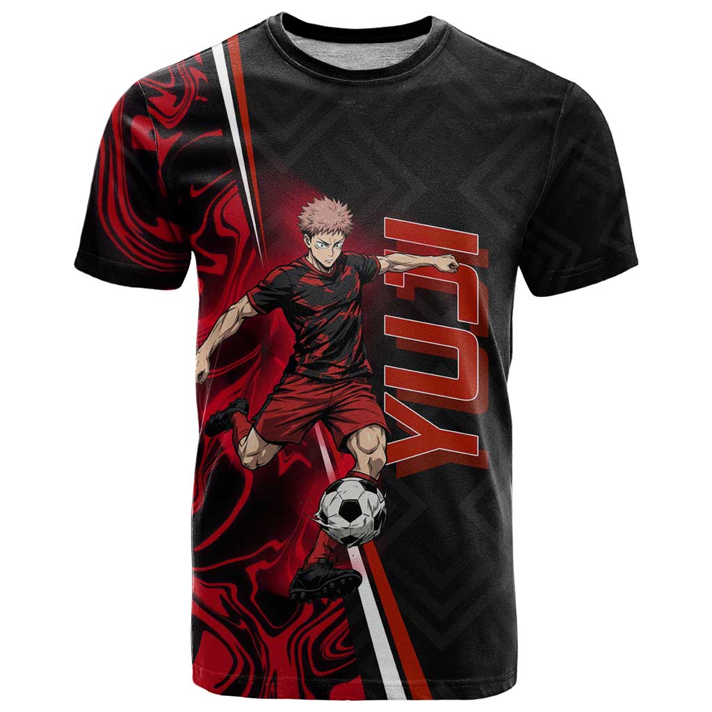 Personalized Yuji Itadori Jujutsu Kaisen Soccer Theme T Shirt with Dynamic Kick Pose and Red Black Flame Graphic Design - The Mazicc