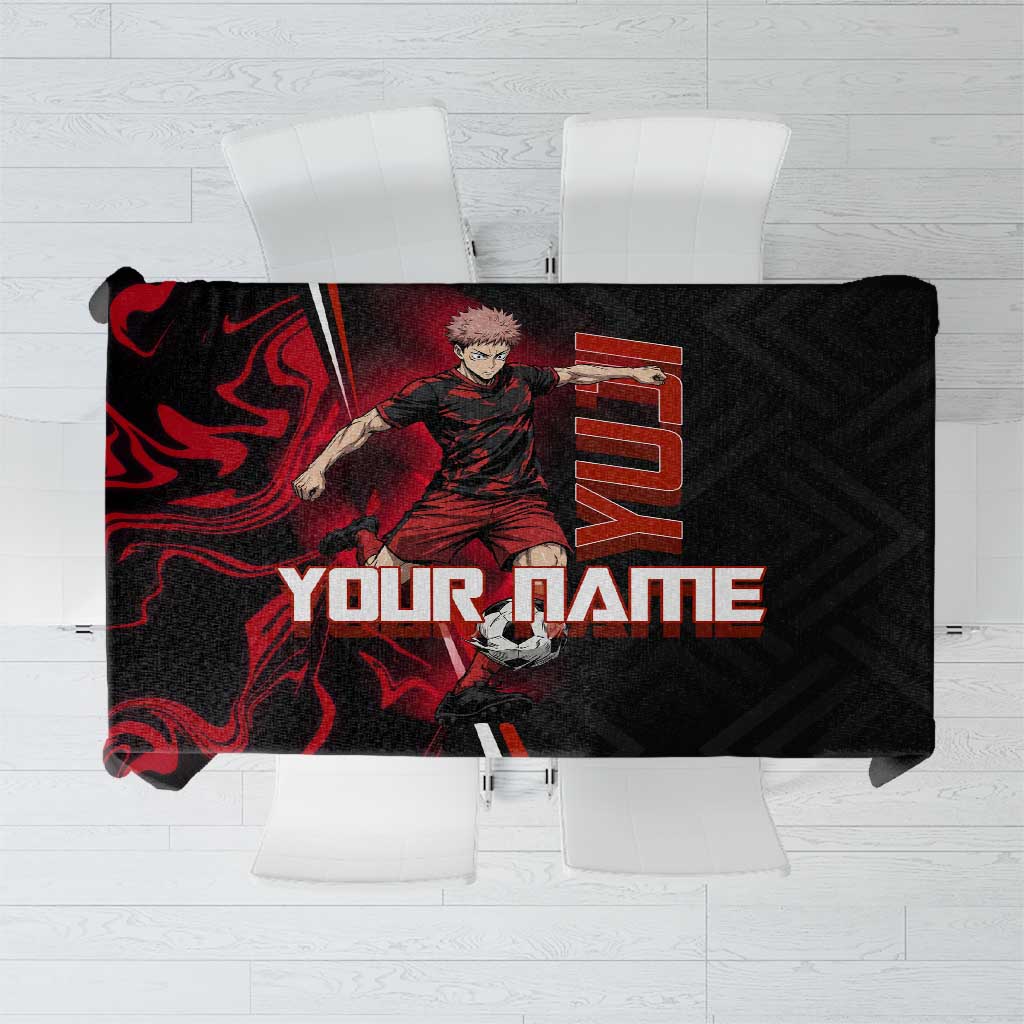 Personalized Yuji Itadori Jujutsu Kaisen Soccer Theme Tablecloth with Dynamic Kick Pose and Red Black Flame Graphic Design - The Mazicc