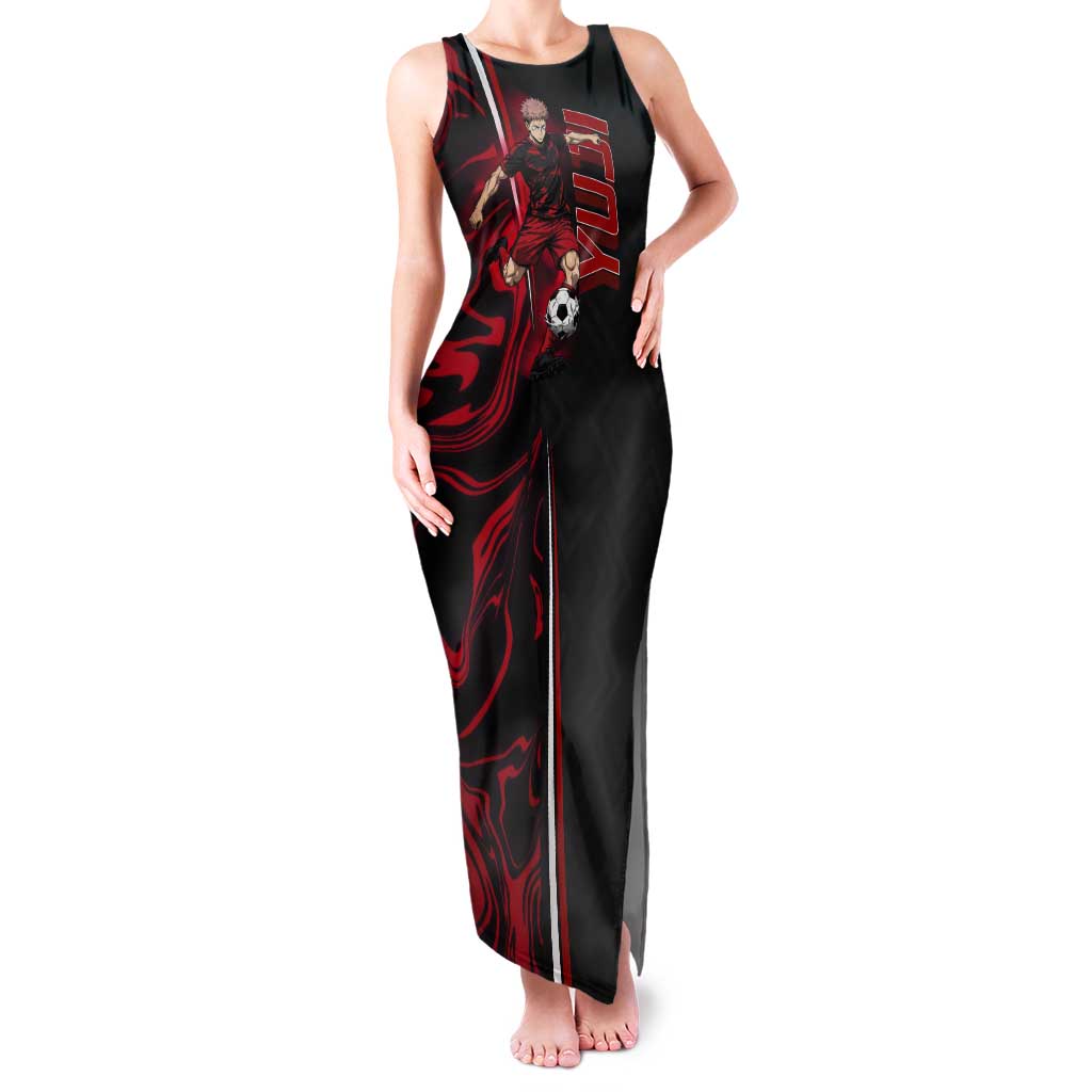 Personalized Yuji Itadori Jujutsu Kaisen Soccer Theme Tank Maxi Dress with Dynamic Kick Pose and Red Black Flame Graphic Design - The Mazicc