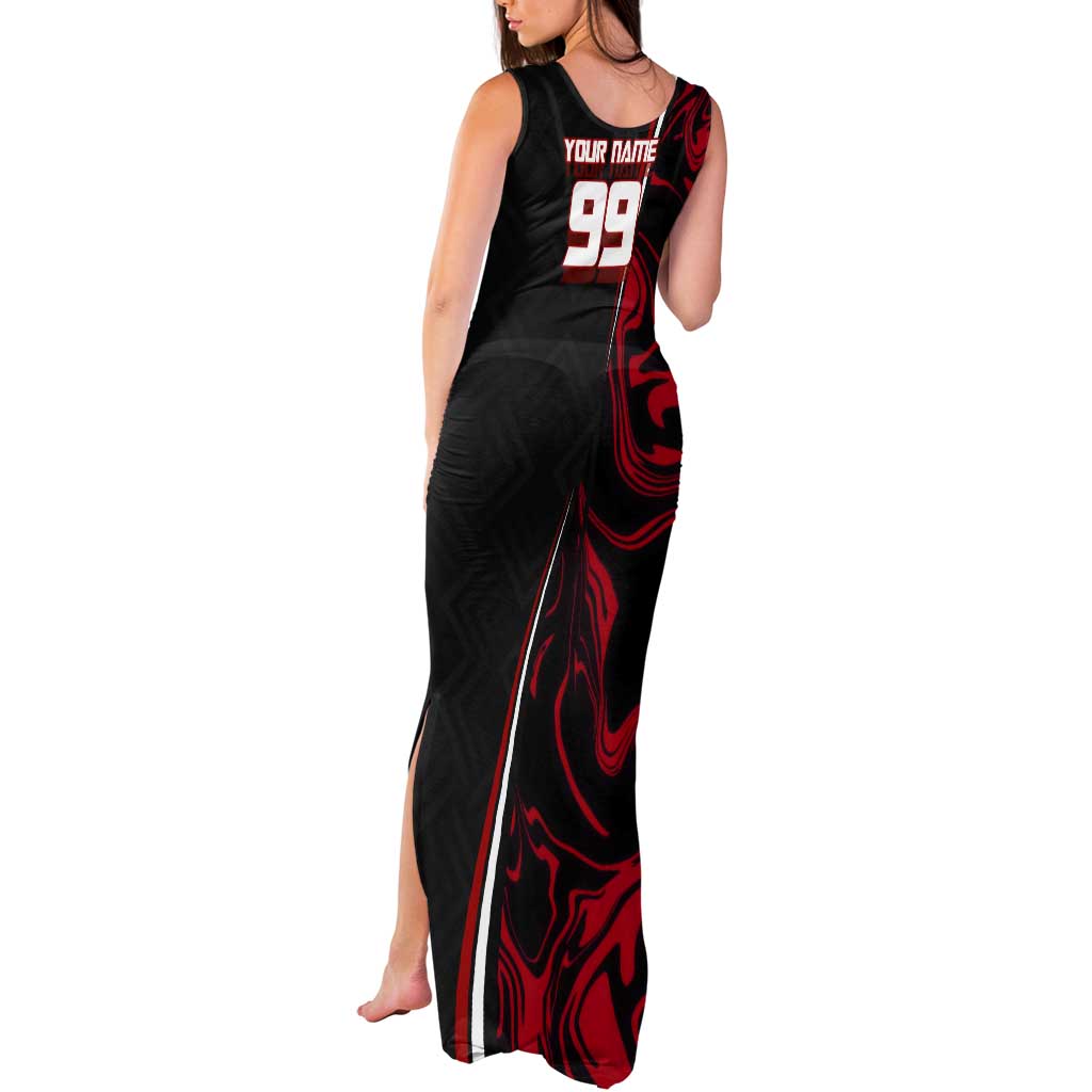 Personalized Yuji Itadori Jujutsu Kaisen Soccer Theme Tank Maxi Dress with Dynamic Kick Pose and Red Black Flame Graphic Design - The Mazicc