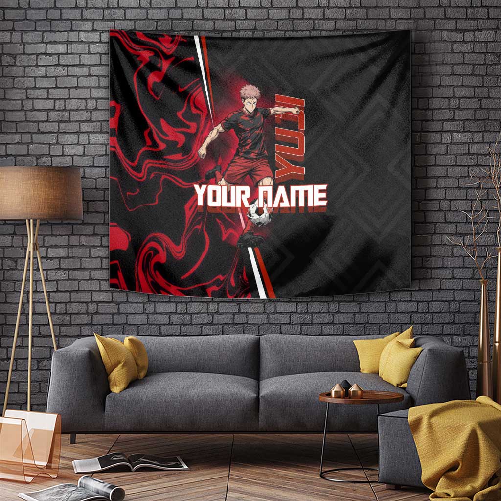 Personalized Yuji Itadori Jujutsu Kaisen Soccer Theme Tapestry with Dynamic Kick Pose and Red Black Flame Graphic Design - The Mazicc