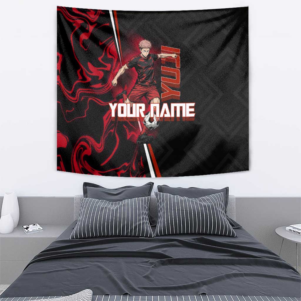 Personalized Yuji Itadori Jujutsu Kaisen Soccer Theme Tapestry with Dynamic Kick Pose and Red Black Flame Graphic Design - The Mazicc