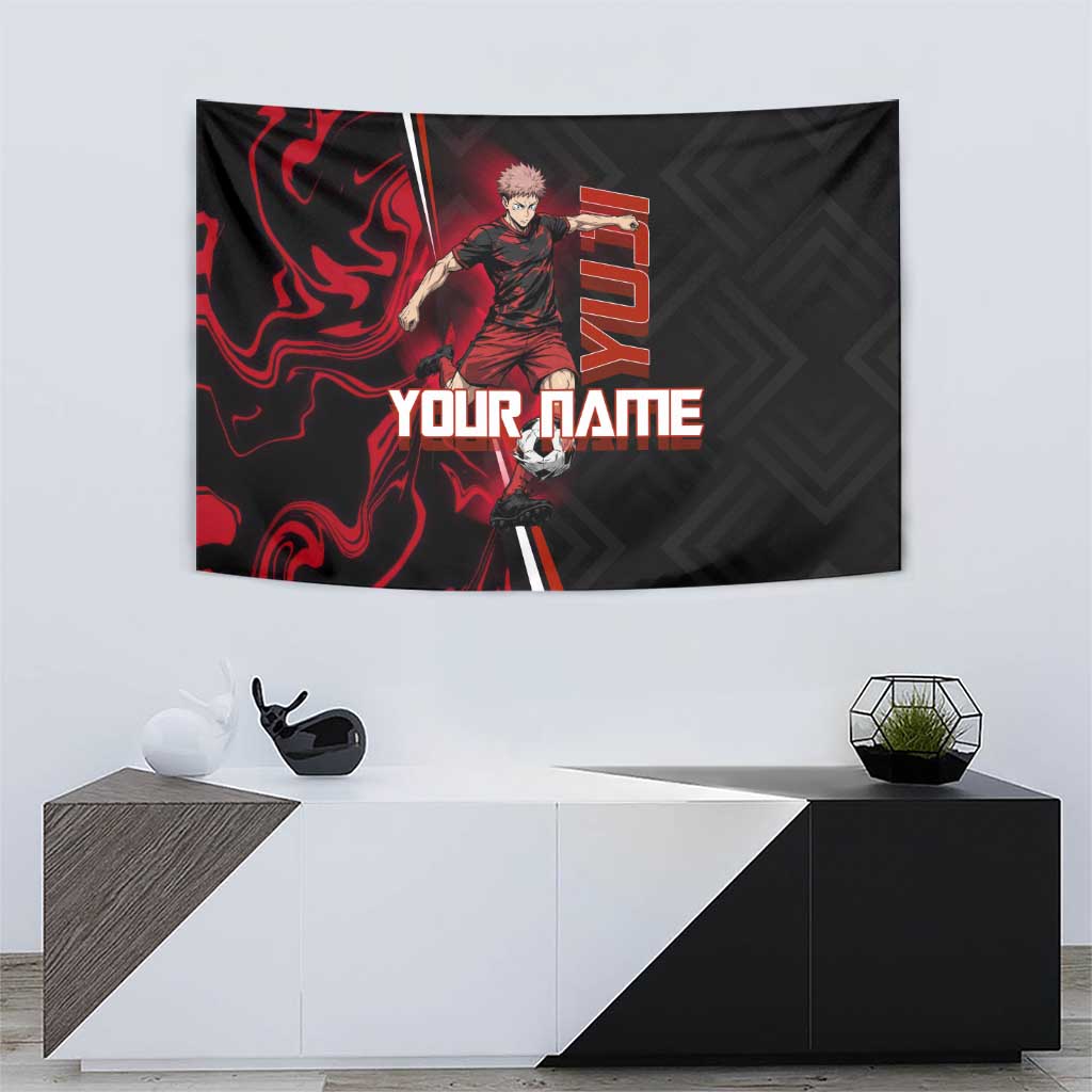 Personalized Yuji Itadori Jujutsu Kaisen Soccer Theme Tapestry with Dynamic Kick Pose and Red Black Flame Graphic Design - The Mazicc